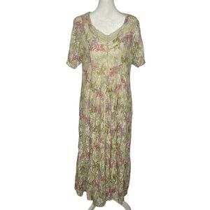 OLIVIA Women Maxi Dress Sz M Beige Short Sleeve Lace Overlay Festival Floral